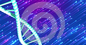 A digital illustration of a DNA helix with a neon background