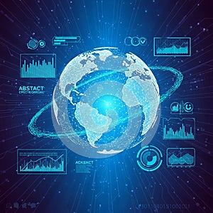 Illustration of Earth surrounded by data elements featuring a wireframe