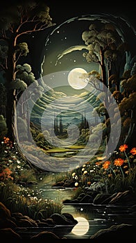 Digital illustration of a fantasy forest with a creek and flowers at a full moon