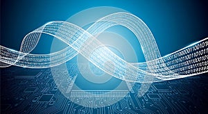 A digital illustration features binary code (1s and 0s) flowing in wave-like pattern
