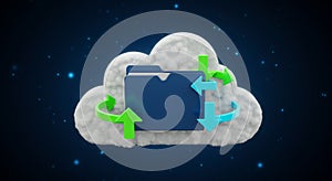 A digital illustration features a blue folder icon surrounded by a cloud, symbolizing