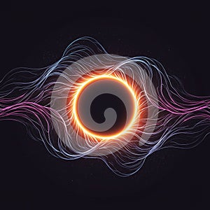 A digital illustration features a central black circle resembling a solar eclipse,