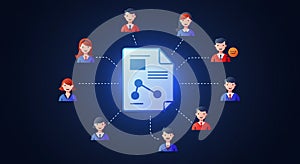 A digital illustration features a central document icon with nodes and lines,