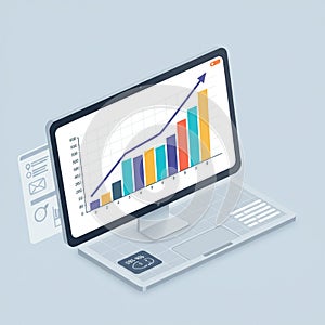 A digital illustration features a computer screen displaying a rising bar graph with