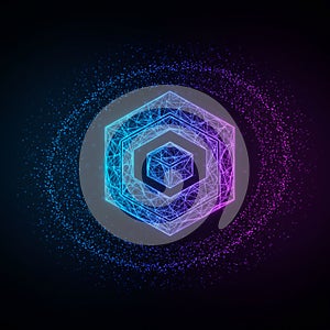 A digital illustration features a geometric hexagonal shape constructed from