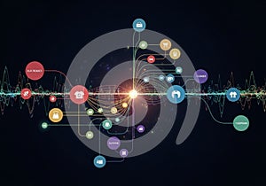 A digital illustration features interconnected nodes