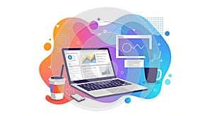 A digital illustration features a laptop displaying various analytics and charts,