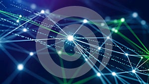 Digital illustration features a network of interconnected nodes and