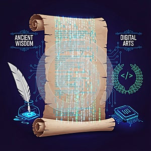 The background is dark blue, accentuating the glowing elements