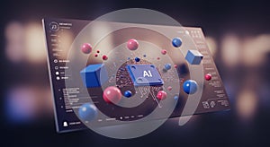 A digital illustration featuring a central blue AI chip surrounded by interconnected