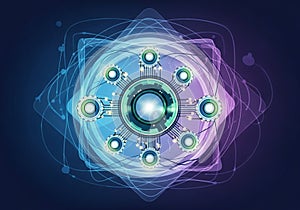 A digital illustration featuring a central circular core with a metallic