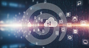 A digital illustration featuring a central cloud icon with upward and downward arrows,