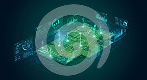 A digital illustration featuring a futuristic augmented reality interface displaying a