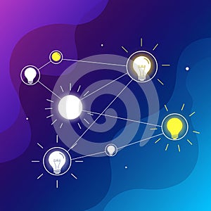 Digital illustration featuring interconnected lightbulbs on a blue and purple gradient