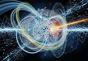 Digital illustration featuring interconnected molecules and atomic