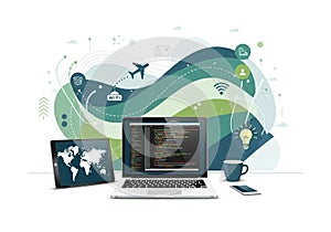 A digital illustration featuring a laptop displaying colorful code, a