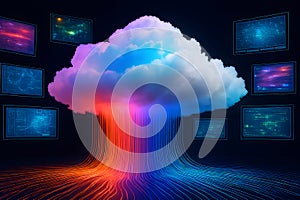 Futuristic cloud technology with flowing data streams and monitors â AI generated