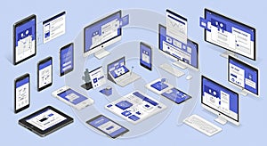 A digital illustration featuring multiple electronic devices, including desktop