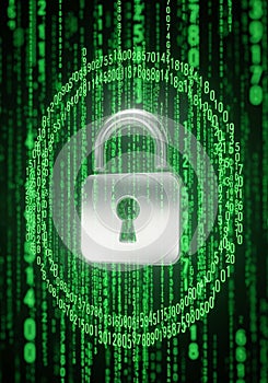 A digital illustration featuring a silver padlock with a keyhole at the center. Surrounding the