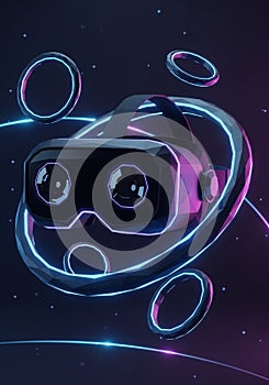 A digital illustration featuring a stylized virtual reality headset