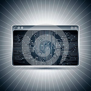 Displays a complex network of interconnected lines and nodes