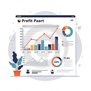 Digital illustration featuring a web dashboard displaying various analytics and data