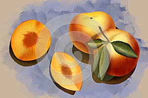 Digital illustration - a fresh red and yellow peach, and a few peach slices on a dark background.