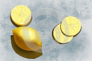 Digital illustration - a fresh yellow lemon and some lemon slices on a marble surface.