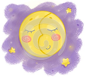 Digital illustration `Full smiling moon with stars around`
