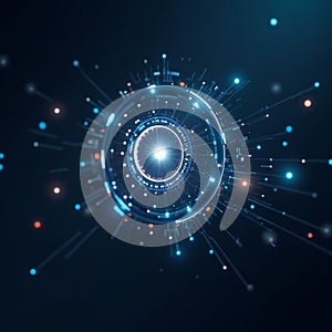 Futuristic digital interface with glowing circular network and nodes