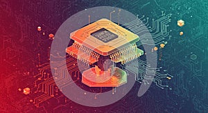 A digital illustration of a futuristic quantum processor chip. The chip features intricate