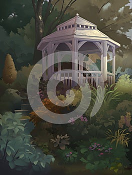 A digital illustration of gazebo in a fantasy garden with colourful flowers and trees scenery
