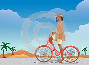 Digital illustration of a girl resting on vacation rides a bike to the beach along a mountain landscape