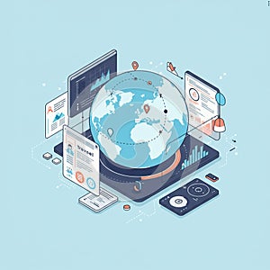 A digital illustration of a globe surrounded by various data interfaces and travel-