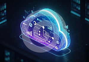 A digital illustration of a glowing cloud icon, symbolizing cloud computing. The cloud structure is