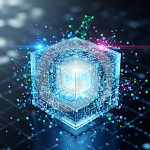 A digital illustration of a glowing cube composed of intricate circuit patterns,
