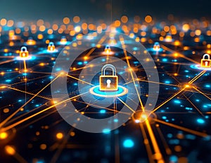 Glowing Padlocks on a Connected Network: Cybersecurity Concept.