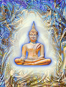 Digital illustration of golden glow buddha