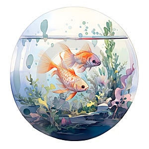 Digital illustration of goldfish in a round aquarium on a white background