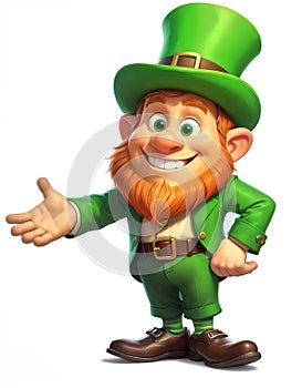 Digital illustration of a happy cartoon leprechaun with hand out