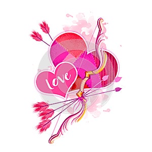 Digital illustration of hearts with cupid`s bow and arrows. Beautiful design with pink paint splashes. Happy Valentines Day