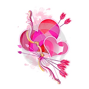 Digital illustration of hearts with cupid`s bow and arrows. Beautiful design with pink paint splashes. Happy Valentines Day
