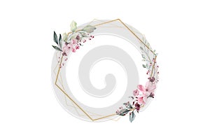 Digital illustration of hexagon with flowers and leaves space for text inside on white background