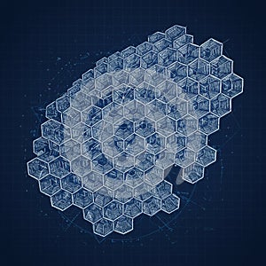 A digital illustration of a honeycomb structure in a blueprint-style design. The image