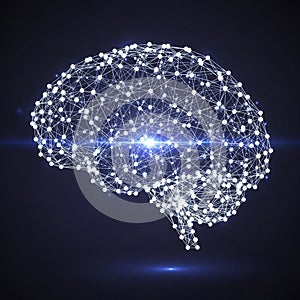 A digital illustration of a human brain depicted using interconnected white nodes and
