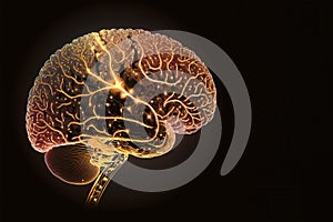 Digital Illustration of the Human Brain. Electrical Activity, Flashes and Lightning on a Dark Background. Generative AI