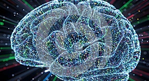 A digital illustration of a human brain with a network of