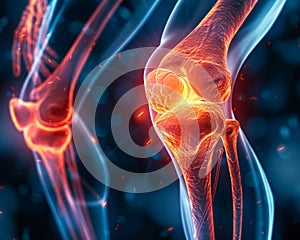 Digital illustration of a human knee joint anatomy with highlighted bone structure in red and blue background