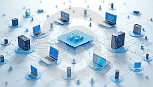 Digital illustration of interconnected devices and data flow. Modern tech design with laptops, servers connected in network.