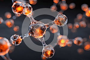 Digital illustration of interconnected glowing molecular structures with orange cores linked by transparent geometric frameworks